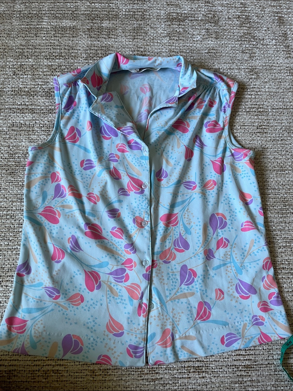 Sears Light Blue Short-Sleeve Shirt with Pink & Purple Floral Motif